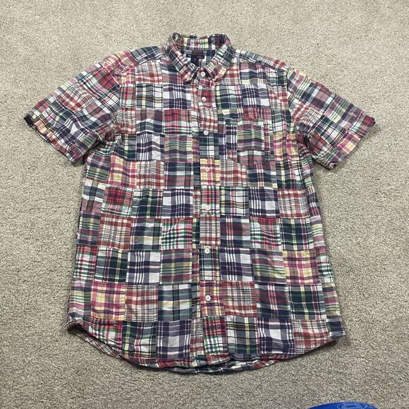 Gap Shirt Mens Large Multicolor Plaid Patchwork Short Sleeve Button Down Slim - Picture 1 of 7